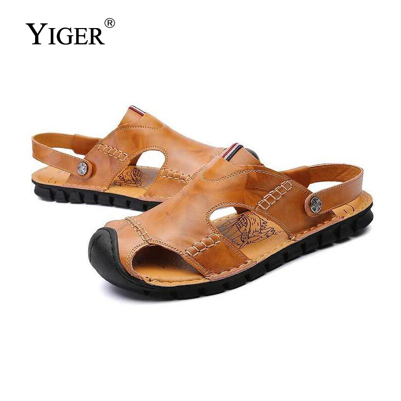 Мужские шлепанцы YIGER натуральная кожа Ранняя резиновая подошва