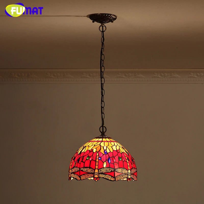 

FUMAT Stained Glass Pendant Light Red Dragonfly Lampshade Lamp For Kithen Dining Room Vintage Creative Glass Art Pendant Lamps
