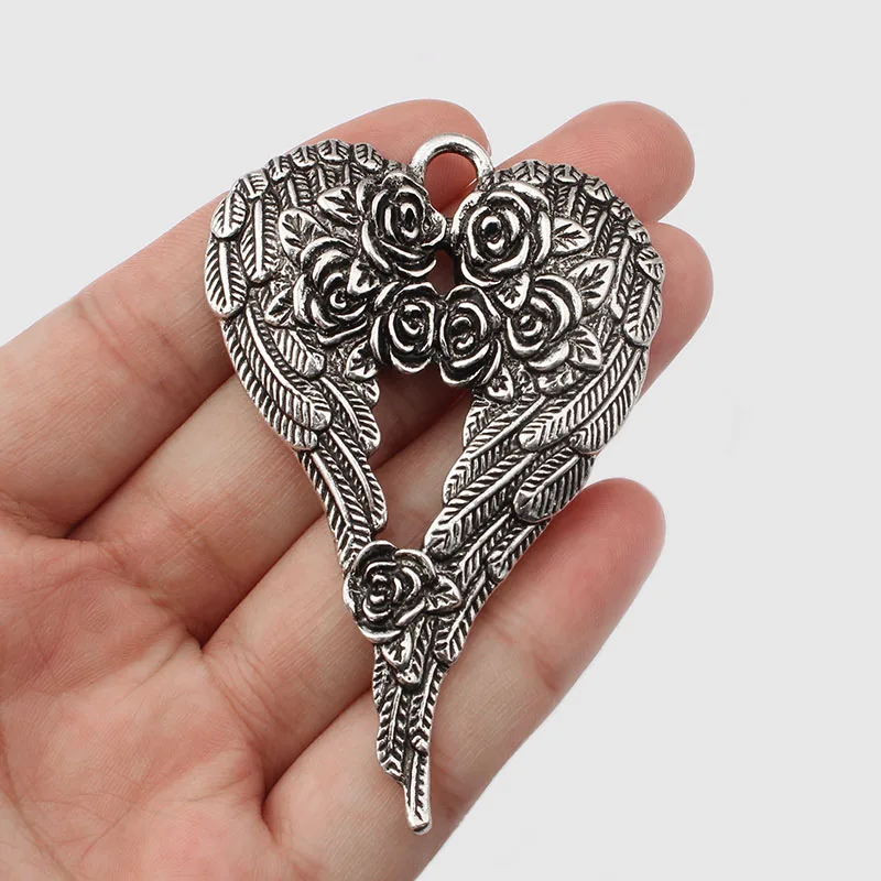 

2PCS Antique Large Carved Flower Feather Wings Charms Pendants for DIY Jewelry Necklace Findings 69x45mm