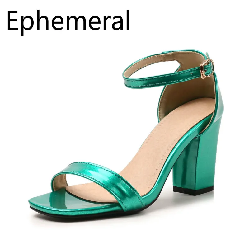

Ladies Buckle Strap Sandals Patent Leather Cover Heel Square Peep Toe High Heels Shoes super Plus size 34-52 black red fashion
