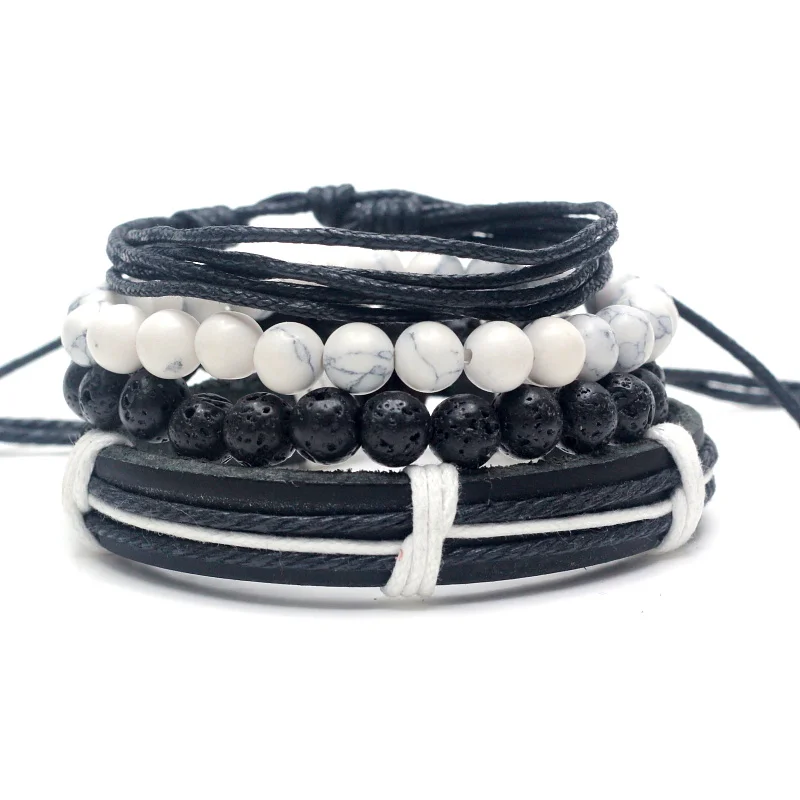 Многослойный черно белый кожаный браслет из натурального камня бисера набор