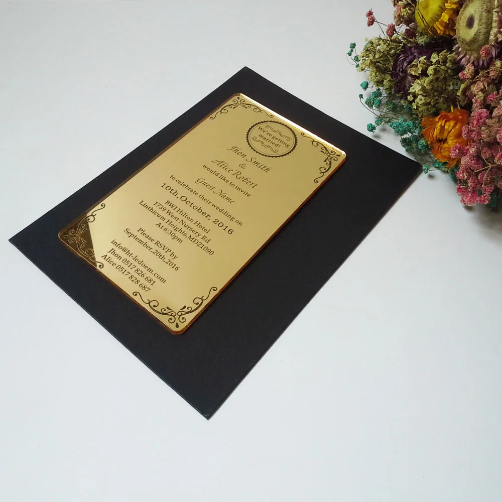 

Customized 100*180mm laser engraved letters luxurious golden mirror acrylic wedding invitation card (1lot=100pcs)