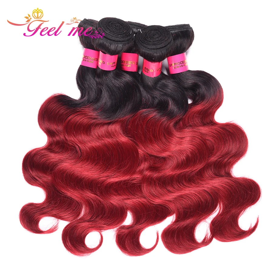 Feel Me Body Wave Brazilian Hair Weave 4 Bundles With Closure Ombre Human Lace 1b/burgundy Non remy | Шиньоны и парики