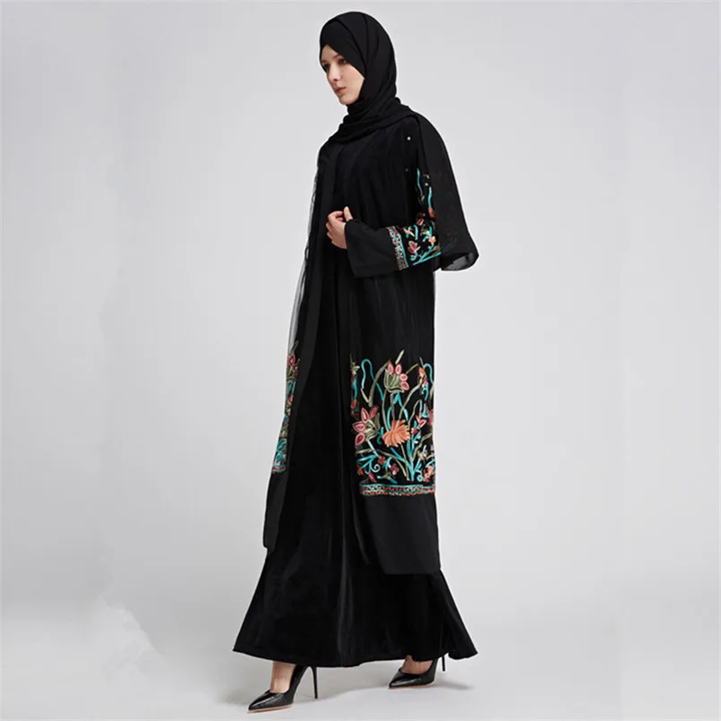 Мода Дубай Длинные Embroidered Kimono кардиган черный пол Длина рукава снаружи халаты 2018