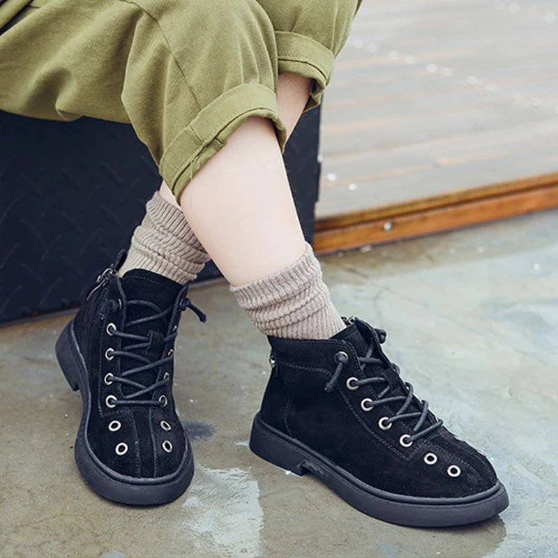 Fashion Boots kids Shoes Genuine Leather Boys Sneakers 2018 Winter Autumn Black Girls Children Anti Slip Rubber Sole | Детская одежда и