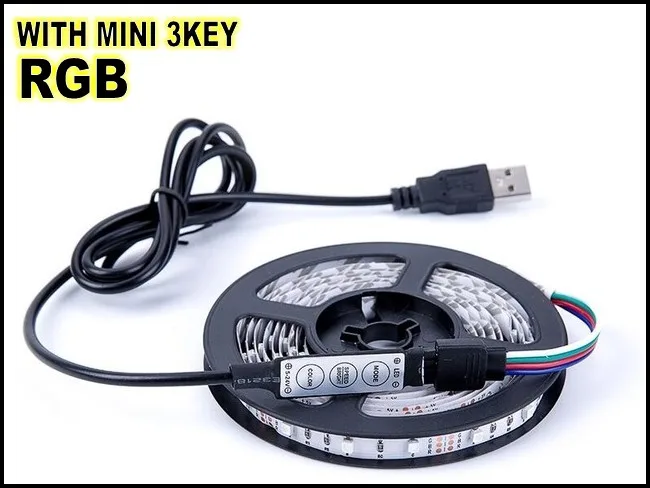 Светодиодная лента с USB, светильник, 5 В, 3528, 1 метр, 5 метров, Теплый Холодный белый, зеленый, синий, красный, SMD3528, ленточный потолочный светильник, светильник на Рождество - Испускаемый цвет: RGB WITH MINI 3KEY