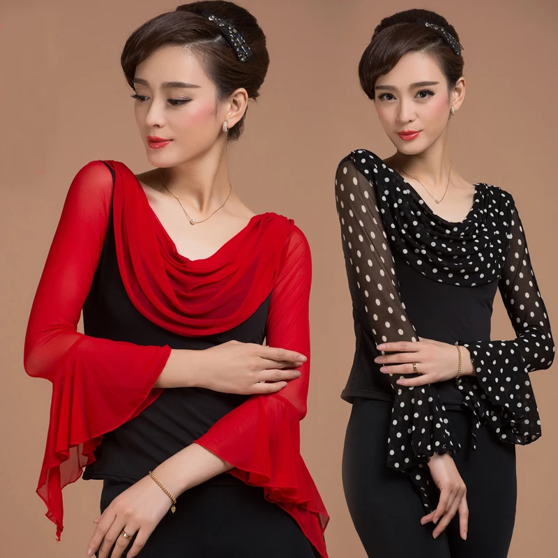 

Fashion ballroom sexy prom long-sleeve gauze Ruffle Latin dancing clothes top for women/female,costume performance wears y931