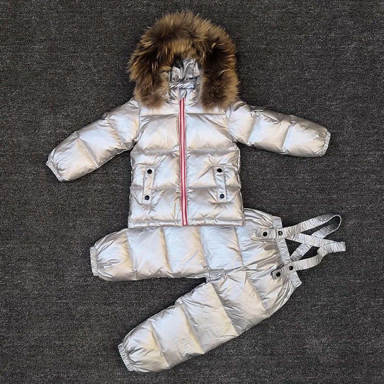 Winter Boys Clothing Sets Fur Down Jackets Overalls Girls Snow Suits Waterproof Sport Children Outfits 2 PCS Ski Suits