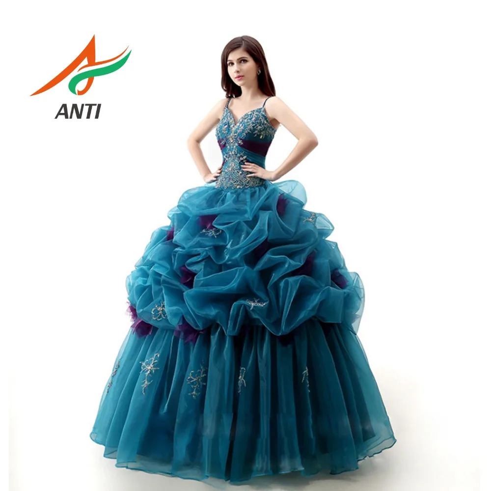 

ANTI Quinceanera Dresses Tulle With Navy Blue Luxurious Beading Crystal Pearls 16 Dress Ball Gowns Vestidos De 15 Anos Debutante