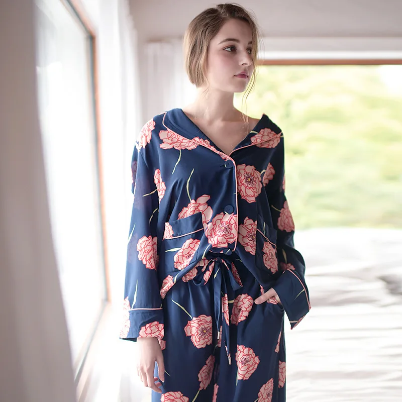 

Women's Long Sleeve Pants Spring Thin Ice Silk Loose Pajamas for Women Floral Pijama Mujer Full Length Pajama Set Home Sleepwear