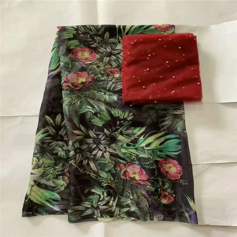 

High Quality 5+2 Yards African 100% Silk Chiffon Lace Fabric For Lady Dress Stretch High-class Printed Silk Fabric! LXF61626