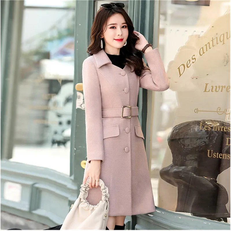 

UHYTGF Fashion Women Winter Wool Coat Belt Slim Long Windbreaker Outerwear Single-breasted Woolen Jacket Ladies High quality 924