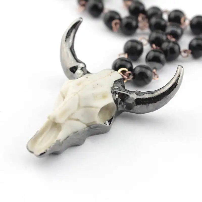 Fashion Bohemian Handmade Tribal Jewelry Round Beads Amazonite Stones Rosary Chain Statement Horn For Women Pendant Necklace