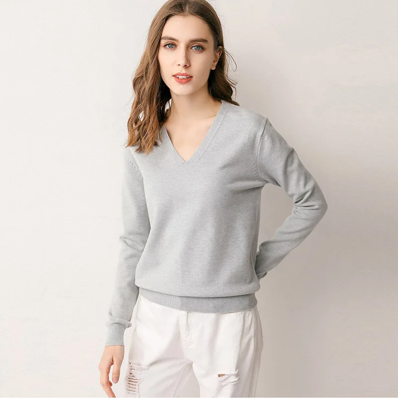 2019 Spring Autumn New Loose Thin V-Neck Sweaters Casual Plus Size Knit Pullovers Women Sweater Solid Color RE2565 | Женская одежда