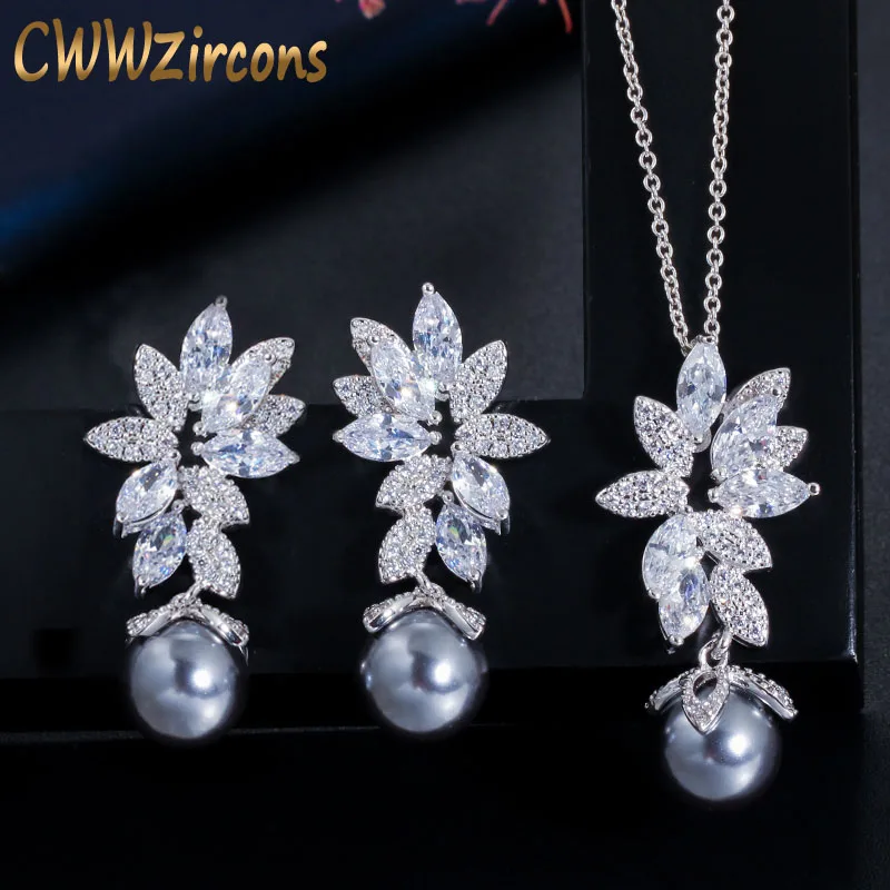 set CWWZircons шикарный великолепный кубический цирконий цветок Серебряный цвет модный серый жемчуг ожерелье серьги Ювелирные наборы для женщин T346 - Окраска металла: set