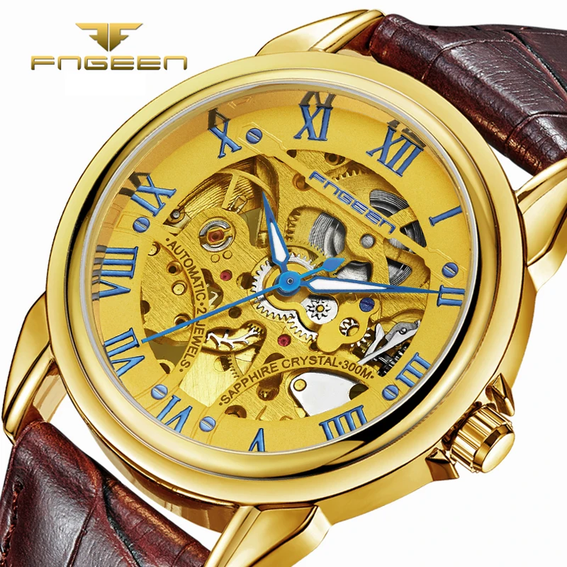 FNGEEN Brand Top Golden Luxury Men Watch Automatic Mechanical Watches Skeleton Self Wind Gold Men's Wristwatch Hollow Out Dial | Наручные