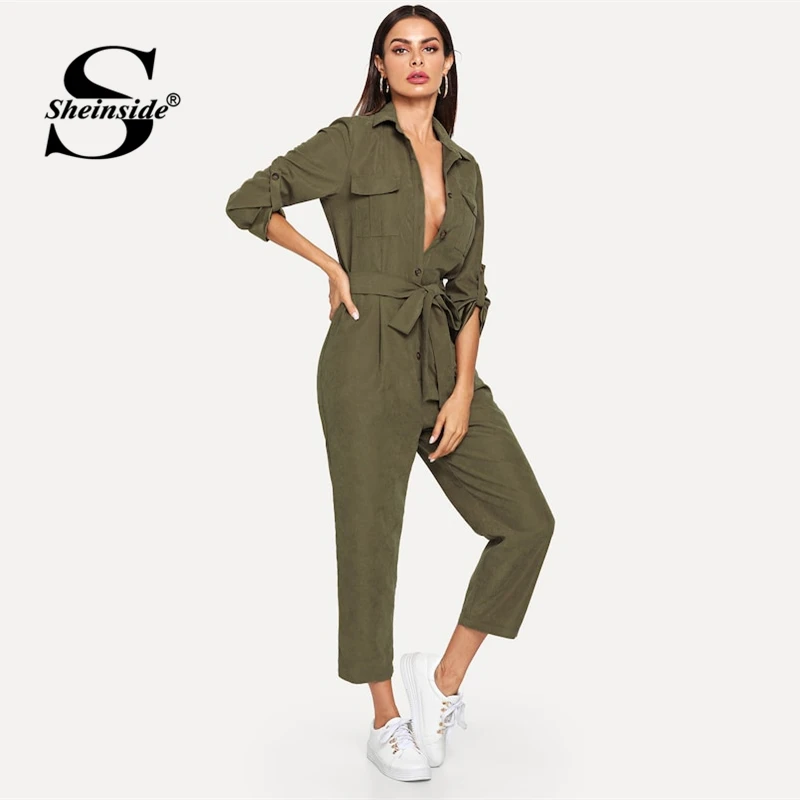 Sheinside, армейский зеленый повседневный комбинезон на пуговицах, женский комбинезон,, закатывающийся рукав, зауженные комбинезоны, средняя талия, ремень, комбинезон для работы