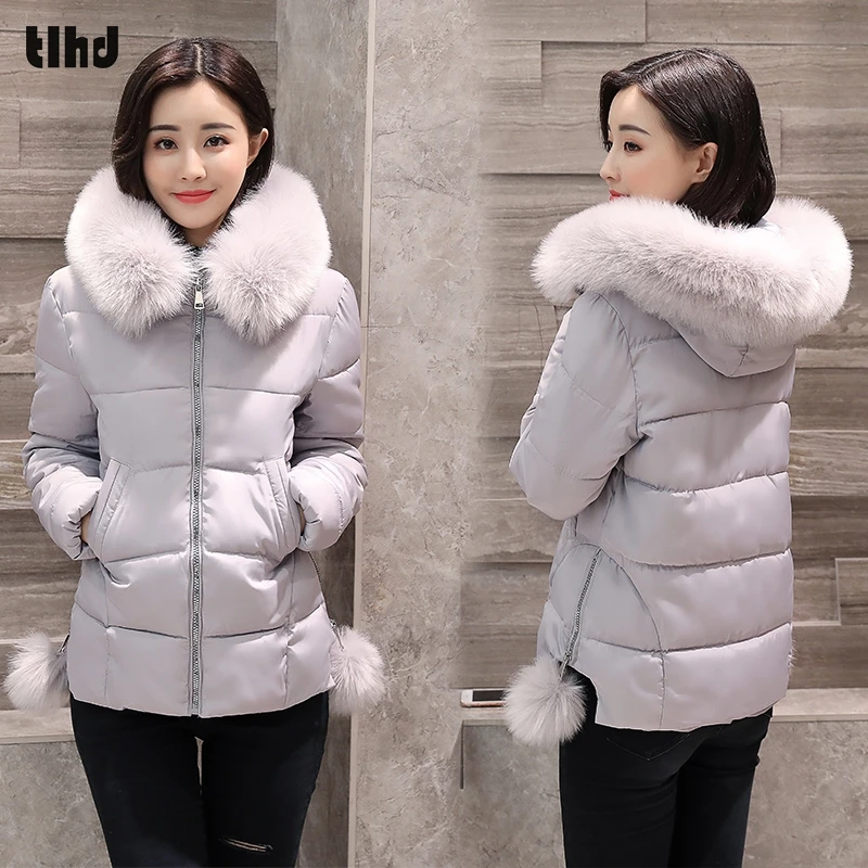 Поддельные меховой воротник Для женщин короткая парка 2017 зимняя куртка дамы