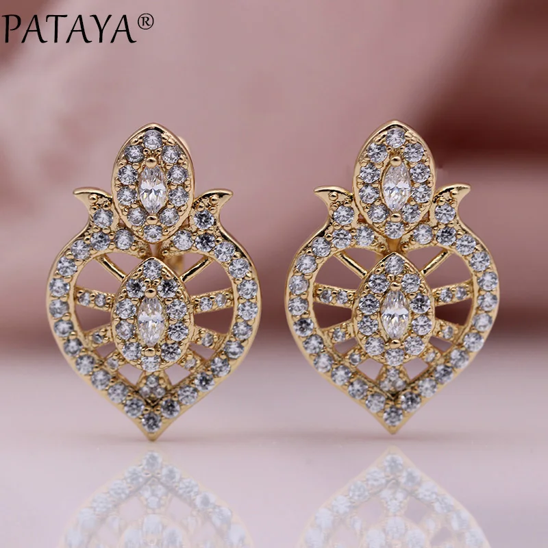 PATAYA New Wedding Luxury Hollow Dangle Earrings 585 Rose Gold Horse Eye White Natural Zircon Women Lovely Cute Fashion Jewelry | Украшения