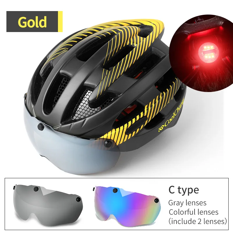 Coolсмена велосипедный шлем MTB сетка от насекомых цельный литой мужской женский велосипедный шлем с светильник ветрозащитные очки - Цвет: C Gold 2 lenses
