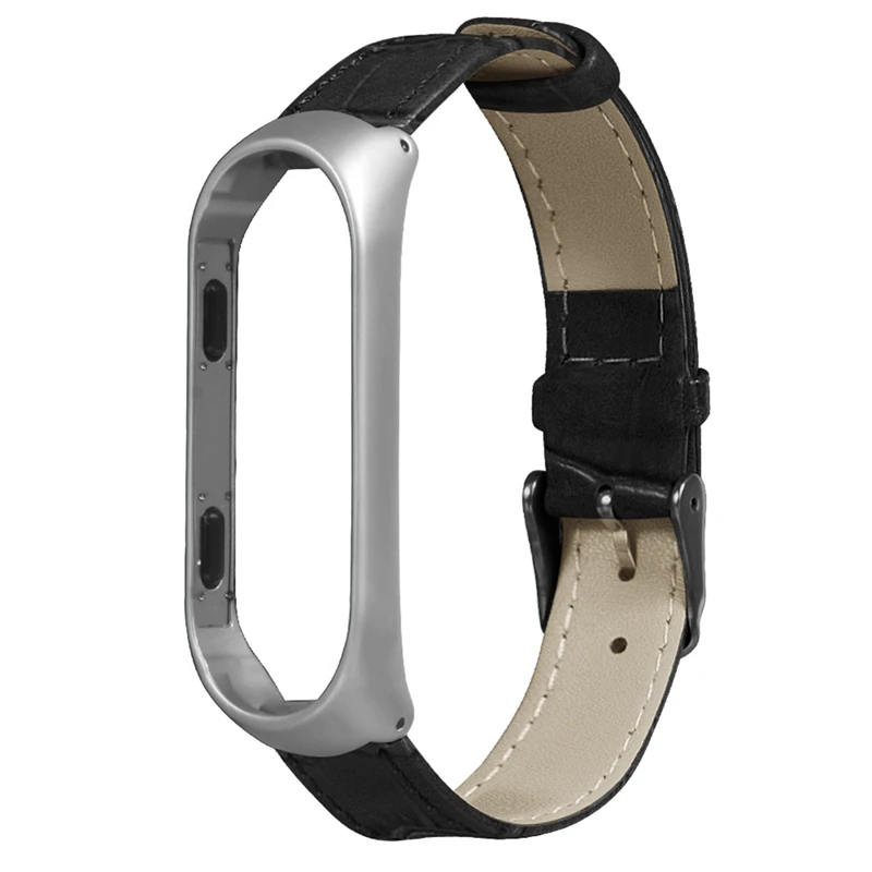 HANGRUI mi band 3 наручные часы на кожаном ремешке ремешок для Xiaomi mi band 3 умный браслет с металлической пряжкой черный чехол из розового золота ремни - Цвет: black silver case