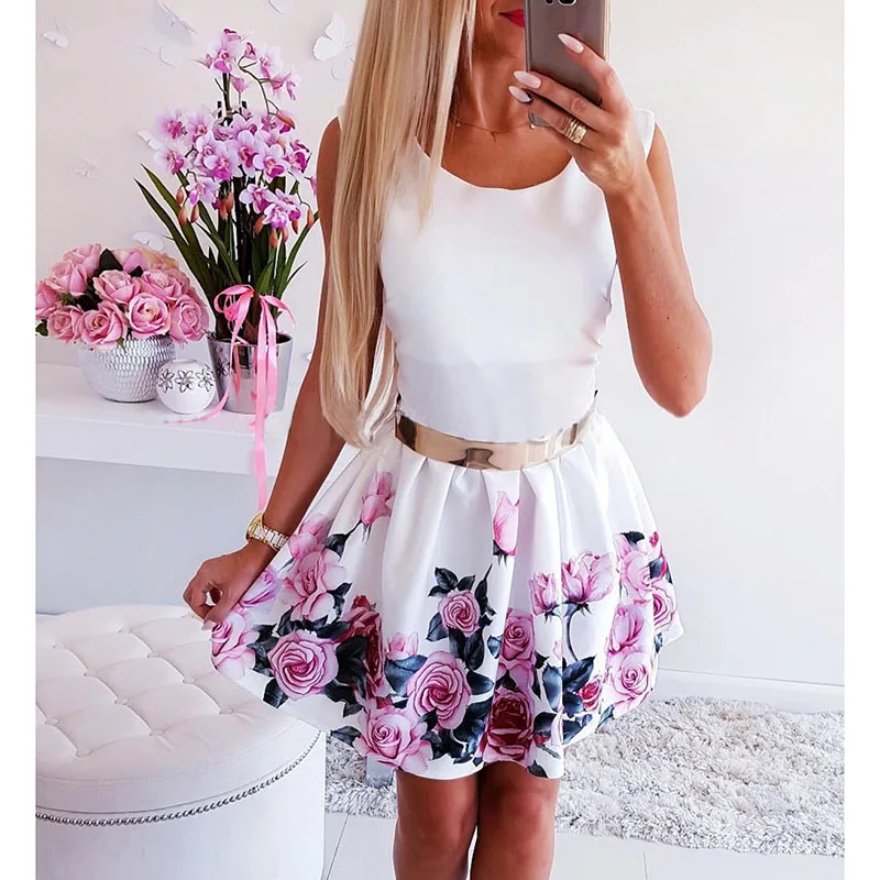 Винтажное летнее платье без рукавов с круглым вырезом женские Платья цветочным