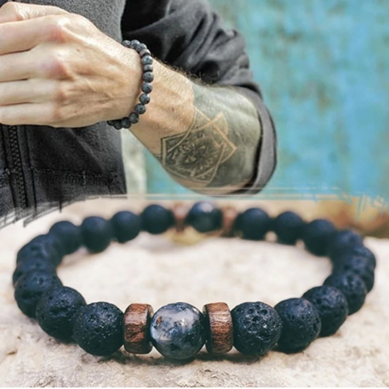 

Men Bracelets Fashion Tibetan Buddha Natural Chakra Lava Stone Tiny Wood Bracelet For Men Elastic Polished Tiger Eye Bead Bangle