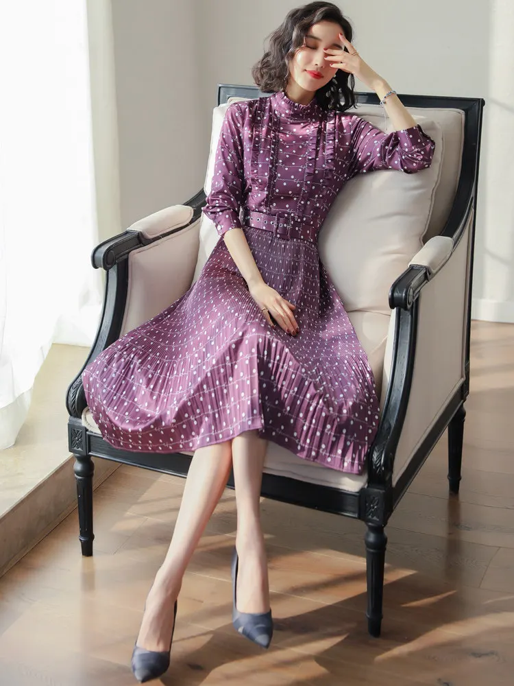 2019 new women's spring retro western European station dot dress and autumn businee offive purple | Женская одежда