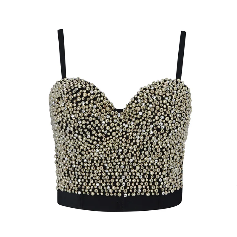 

High Quality Black Strap Beading Women's Tops Celebrity Prom Party Camis & Tops
