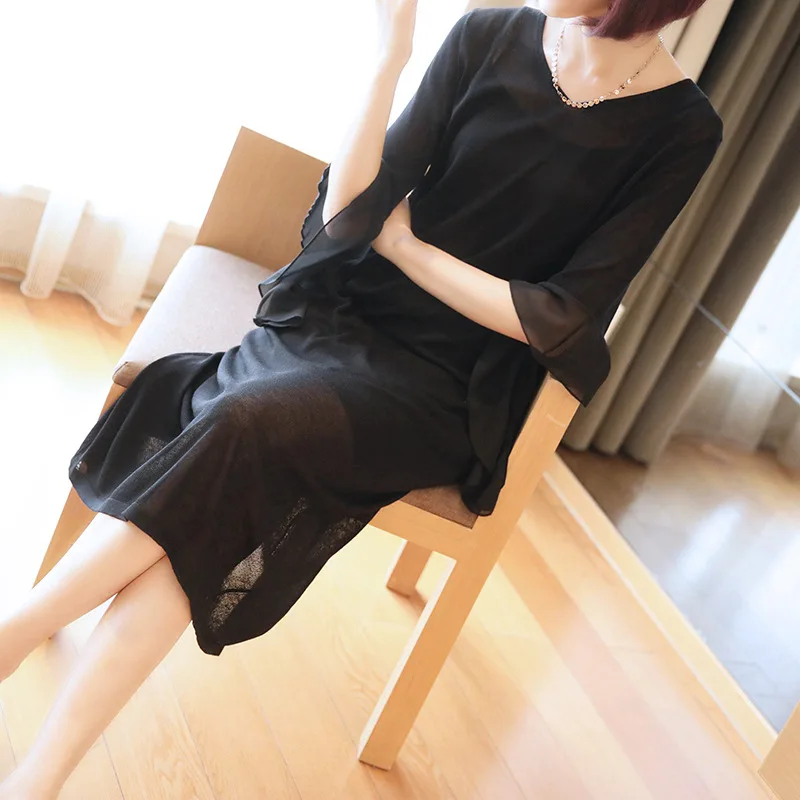 

Fashion lotus leaf sleeve ice silk knit 2019 summer new women's temperament thin section loose large size dress
