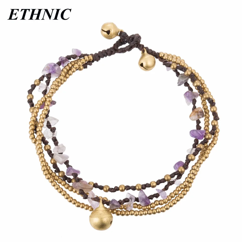 

ETHNIC Brand 2018 Bohemian Purple Stone Gold-Color Beads Chain On Foot Bell Charm Anklets for Women Beach Fashion Anklet