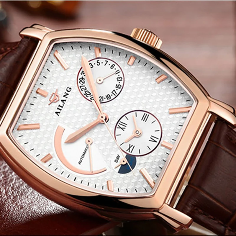 

Vintage Tonneau Men Mechanical Watches Automatic Self-winding Watch Real Leather Calendar Wrist watch 2 Time Zones Analog Reloj