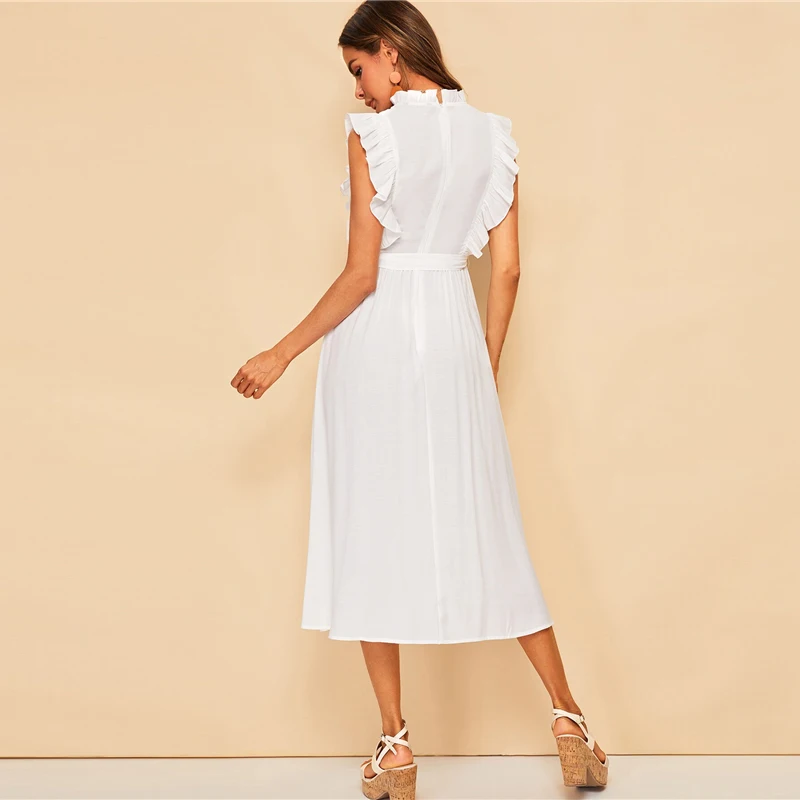 Sheinside White Floral Embroidered Ruffle Trim Dress Women Summer Sleeveless Belted A Line Dresses Ladies Solid Midi Dress