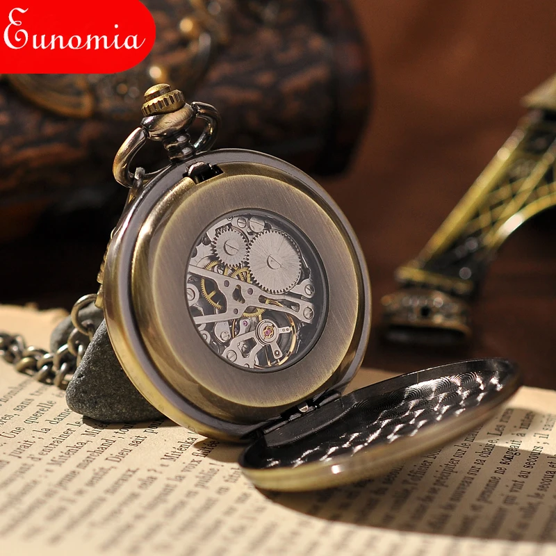 Скелет Полые стимпанк брелок ожерелье механические карманные часы Бронзовый щит