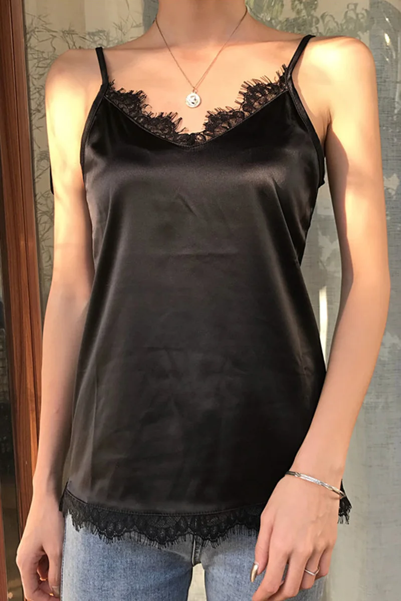 Black S-4XL женские Лоскутные кружевные топы с v-образным вырезом, женские футболки без рукавов, топы с регулируемыми бретельками для девочек - Цвет: Black