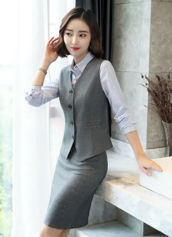 Gray vest and skirt Новая мода деловой Тонкий серый клетчатый женский жилет OL Тонкий v-образный вырез формальный офисный женский жилет пальто размера плюс Рабочая одежда Униформа - Цвет: Gray vest and skirt