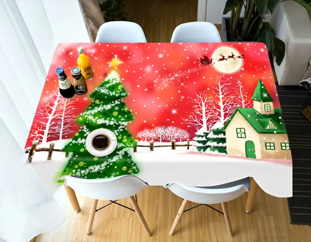 3d Red Christmas Tablecloth Santa Claus Sled Dog Washable Cotton Cloth Thicken Rectangular and Round Wedding Table | Дом и сад