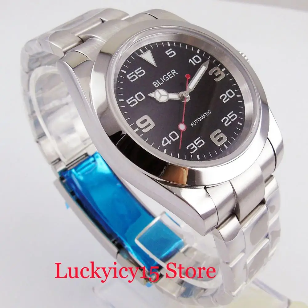 BLIGER 40mm Black Dial Sapphire Glass Polished Watch Case Mental Strap Automatic Movement Men s Wristwatch