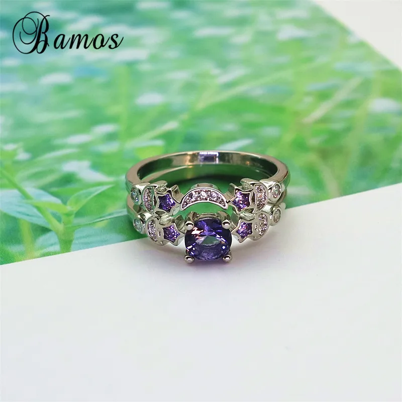 Bamos Dainty Blue Cubic Zirconia Star лунное кольцо Набор Мода стекируемые Свадебные Кольца для женщин белое позолоченное ювелирное изделие