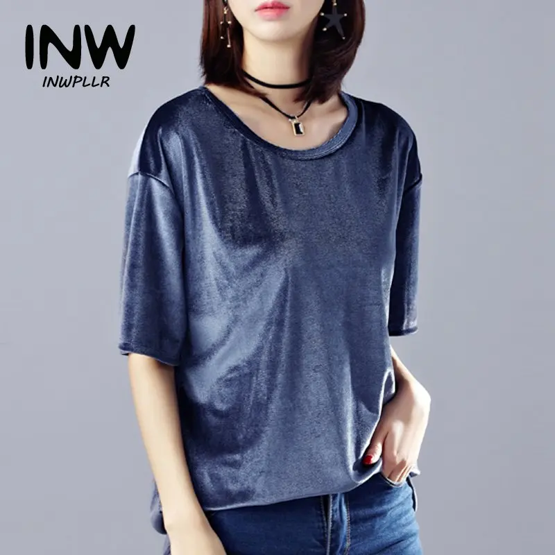 Лето Бархат Женские Блузки Мода Повседневная Дамы Топы О-Образным Вырезом С