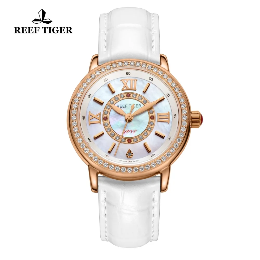 

Reef Tiger/RT Women Fashion Watches Diamond Rose Gold Leather Strap Luxury Quartz Watches for Ladies Reloj Mujer RGA1563