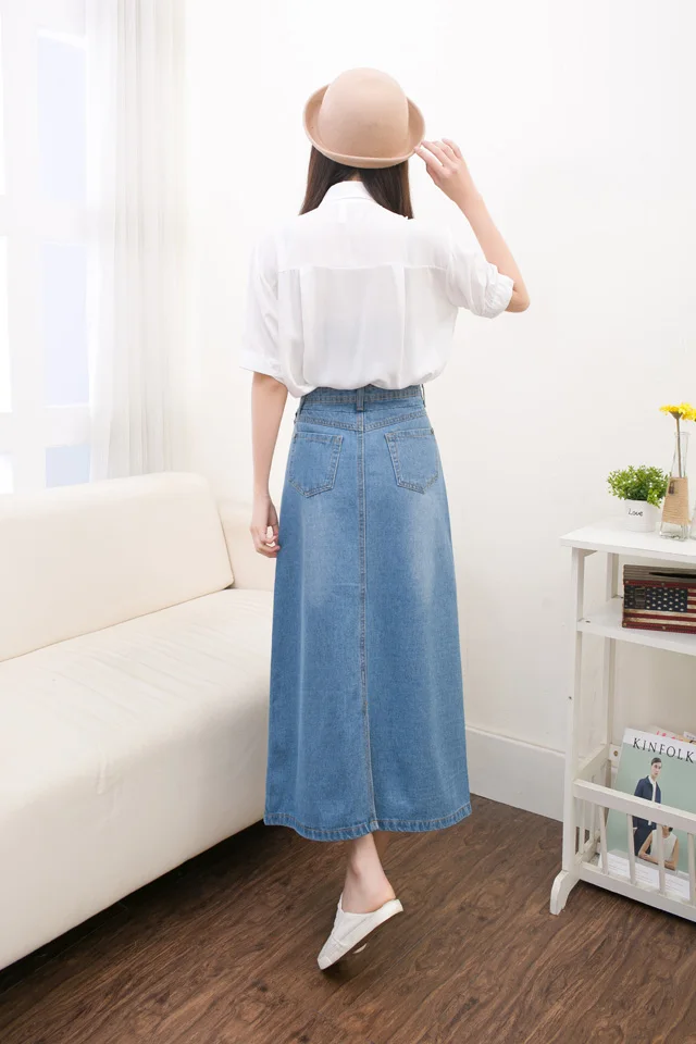 Women Lady Denim Skirt High Waist Long Big Swing Slim Elegant Pocket Blue | Женская одежда