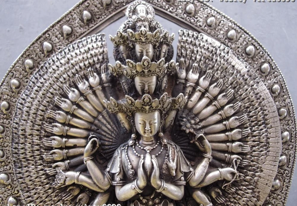Тибетская белая медная серебряная статуя 11-faced Avalokitesvara Guan Yin Kwan-yin | Дом и сад
