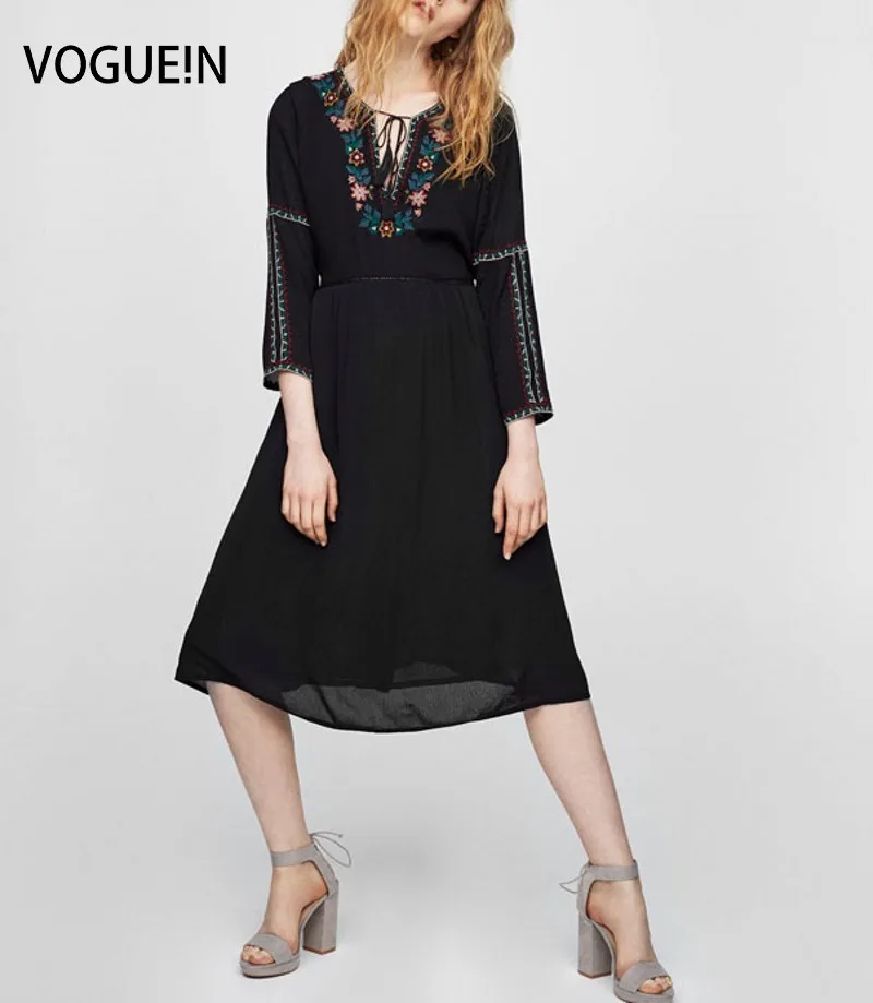 Платье женское черное с рукавом 3/4 и вышивкой|dress size|party dresseswholesale dress |