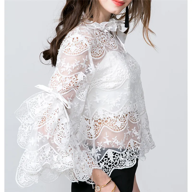 Перспектива органзы Белый Свободный пуловер летом Кружево Сексуальная Блузка