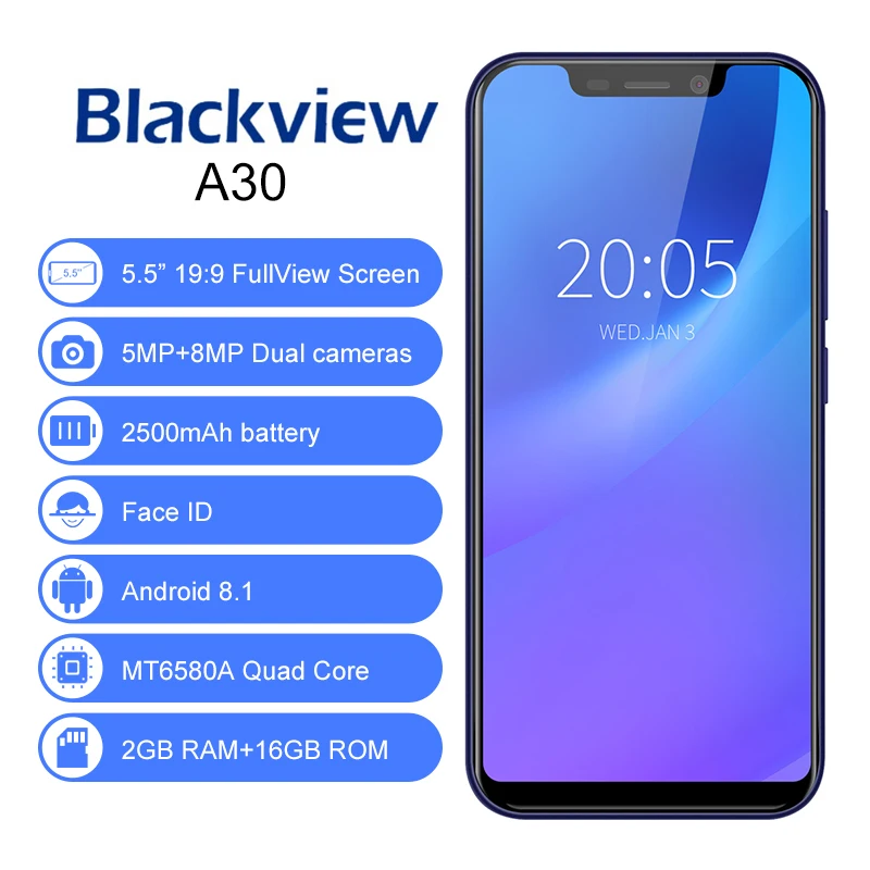 Blackview A30 5 &quot19:9 2 Гб 16 смартфон уход за кожей лица ID Android 8 1 Orea MTK6580A 4 ядра 8MP двойной