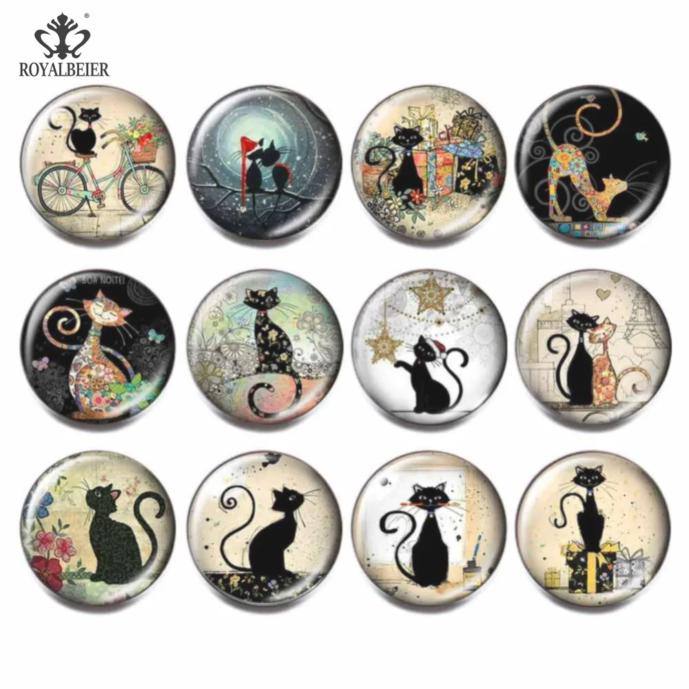

Royalbeier 12pcs/lot Mixed Black Cat Glass Beads 18mm Colorful Snaps Button bijuterias Charm DIY Bracelet Jewelry Women berloque