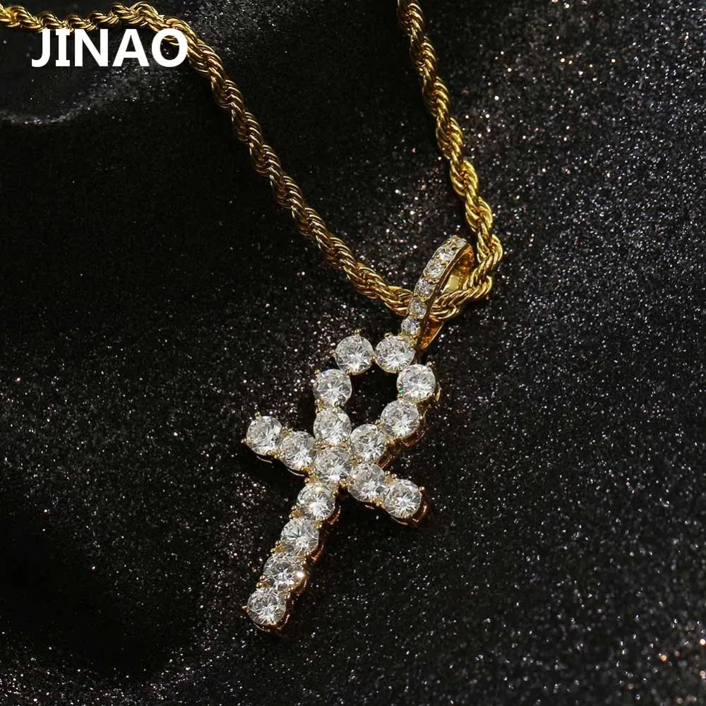 JINAO хип-хоп подвеска в виде креста Ankh, ожерелье с микро камнями CZ, Египетский стиль, Молитвенное ожерелье и подвески для мужчин и женщин, 24 дюйма