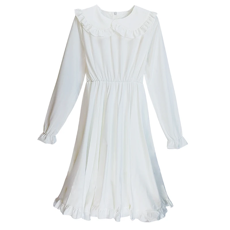 Lolita Style Women Cute Dress Autumn Japanese Mori Girl Peter Pan Collar White Casual Ruffle Solid Loose Long Sleeve | Женская одежда