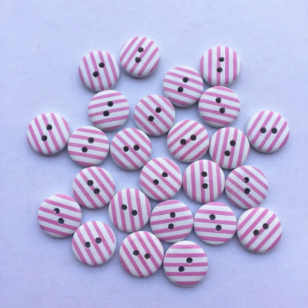 100 шт. 15 мм светло розовые/синие деревянные пуговицы в полоску с 2 отверстиями